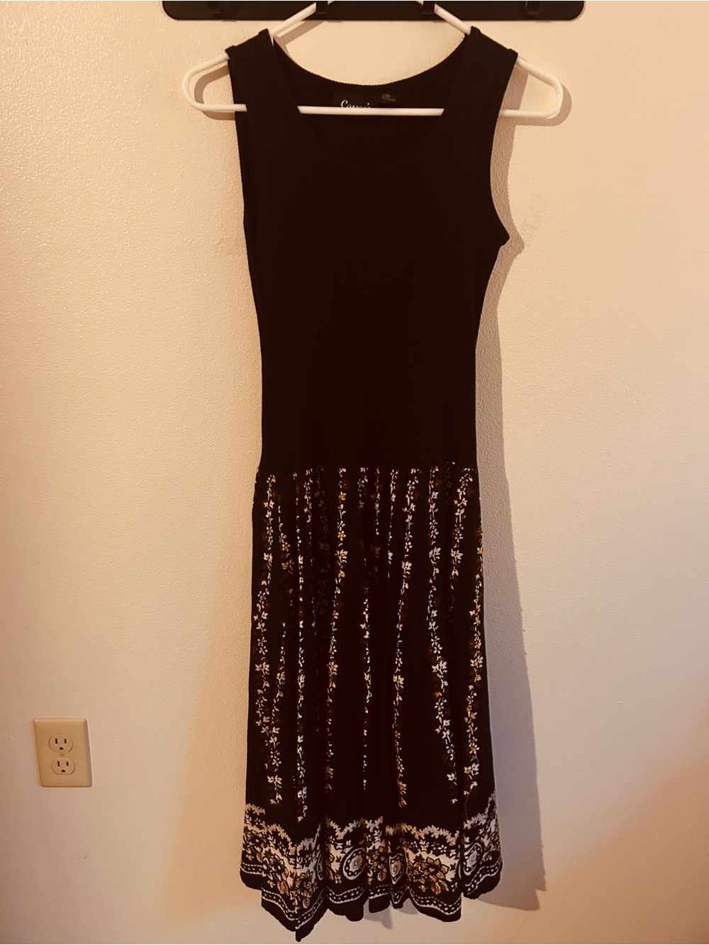 Vintage Cassee's Boho Black Sleeveless Stretch Cotton Floral Sequin Midi Dress:M